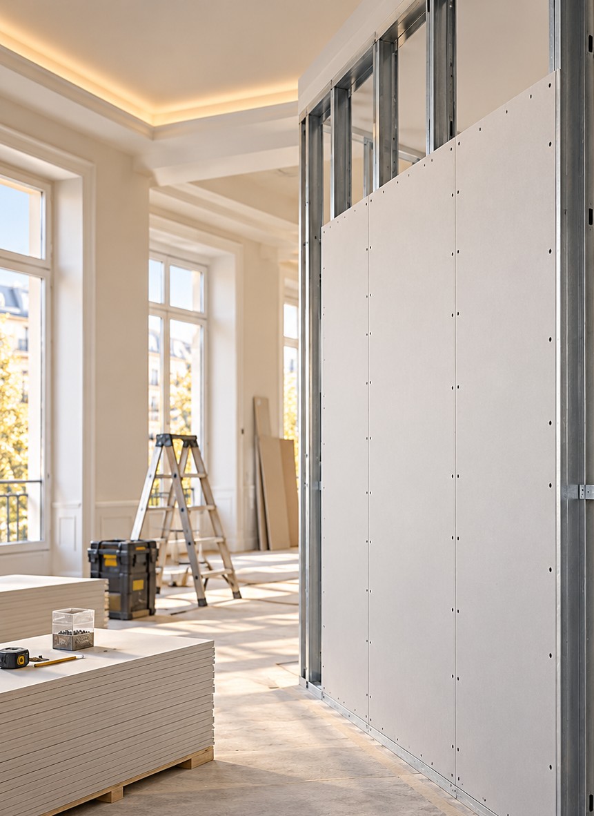Raum in der Trockenbauphase mit neu beplankter Ständerwand, Gipskartonplatten, Leiter und Werkzeug