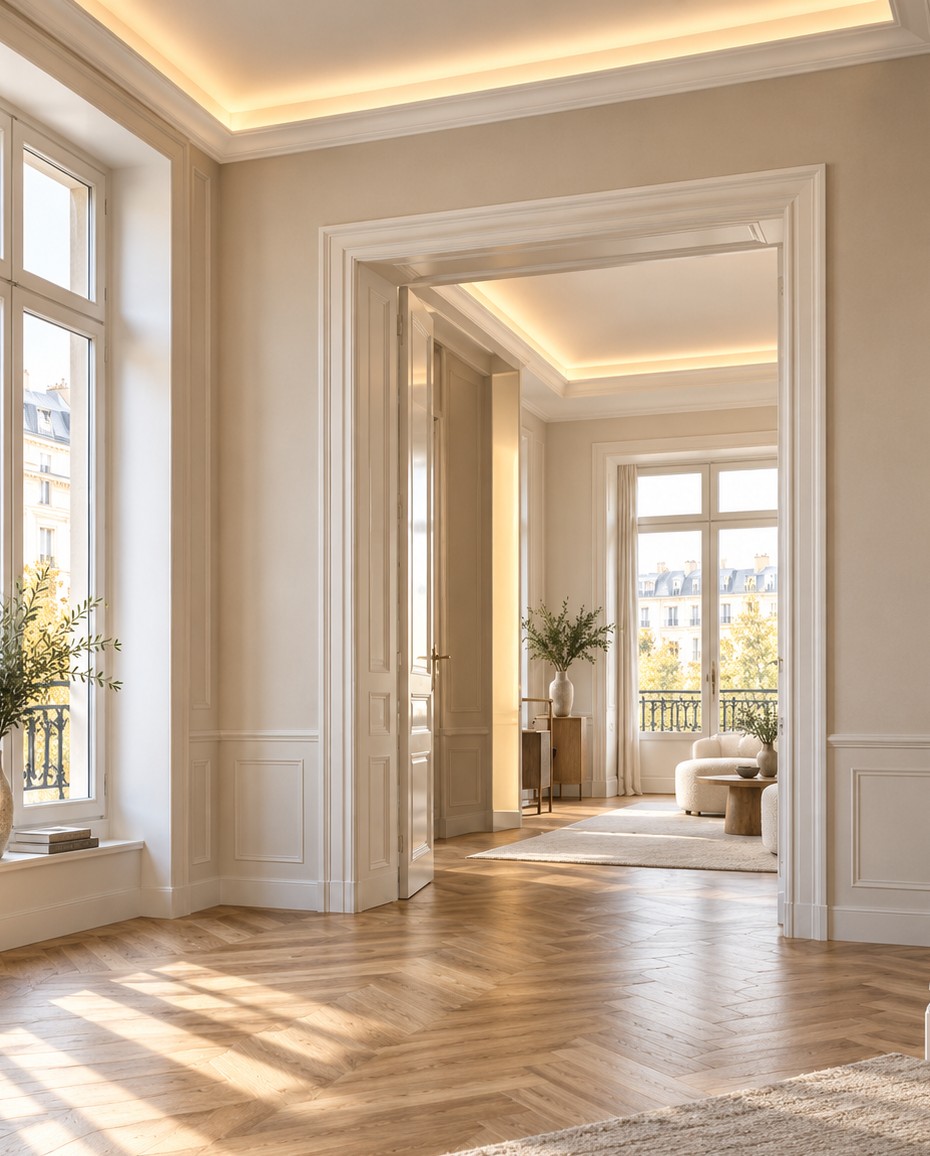 Renovierter Altbau-Wohnraum mit Fischgrätparkett, hellen Wandflächen, Stuckprofilen und Durchgang zum angrenzenden Raum
